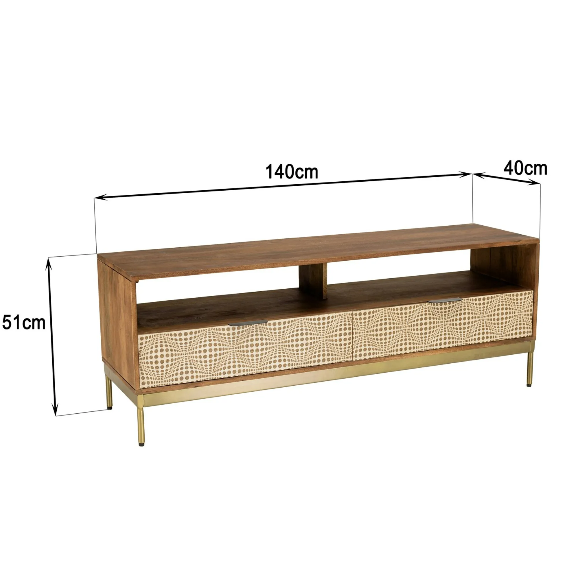 Meuble TV en bois pieds couleur laiton grande niche 2 tiroirs KANHA