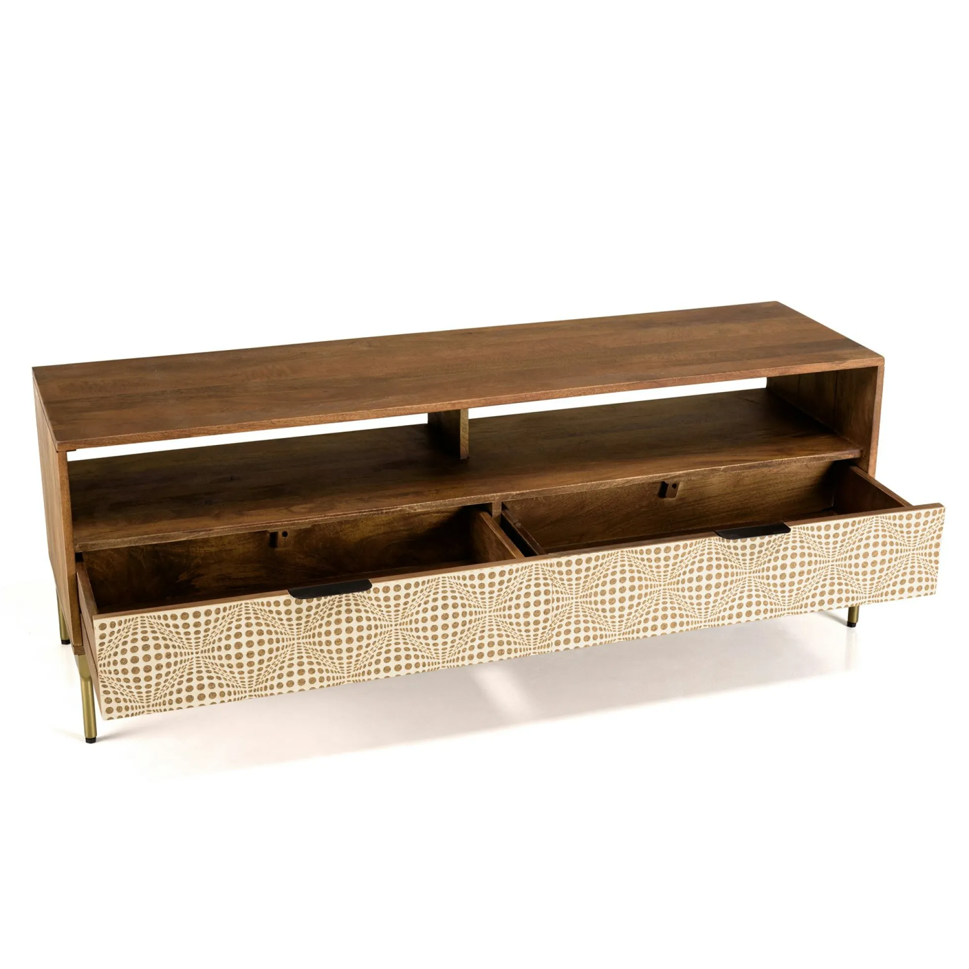 Meuble TV en bois pieds couleur laiton grande niche 2 tiroirs KANHA