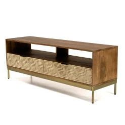 Meuble TV en bois pieds couleur laiton grande niche 2 tiroirs KANHA