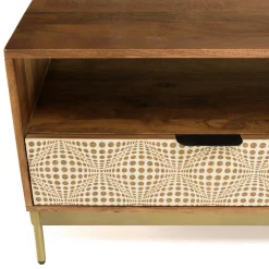 Meuble TV en bois pieds couleur laiton grande niche 2 tiroirs KANHA