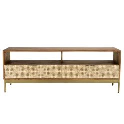 Meuble TV en bois pieds couleur laiton grande niche 2 tiroirs KANHA
