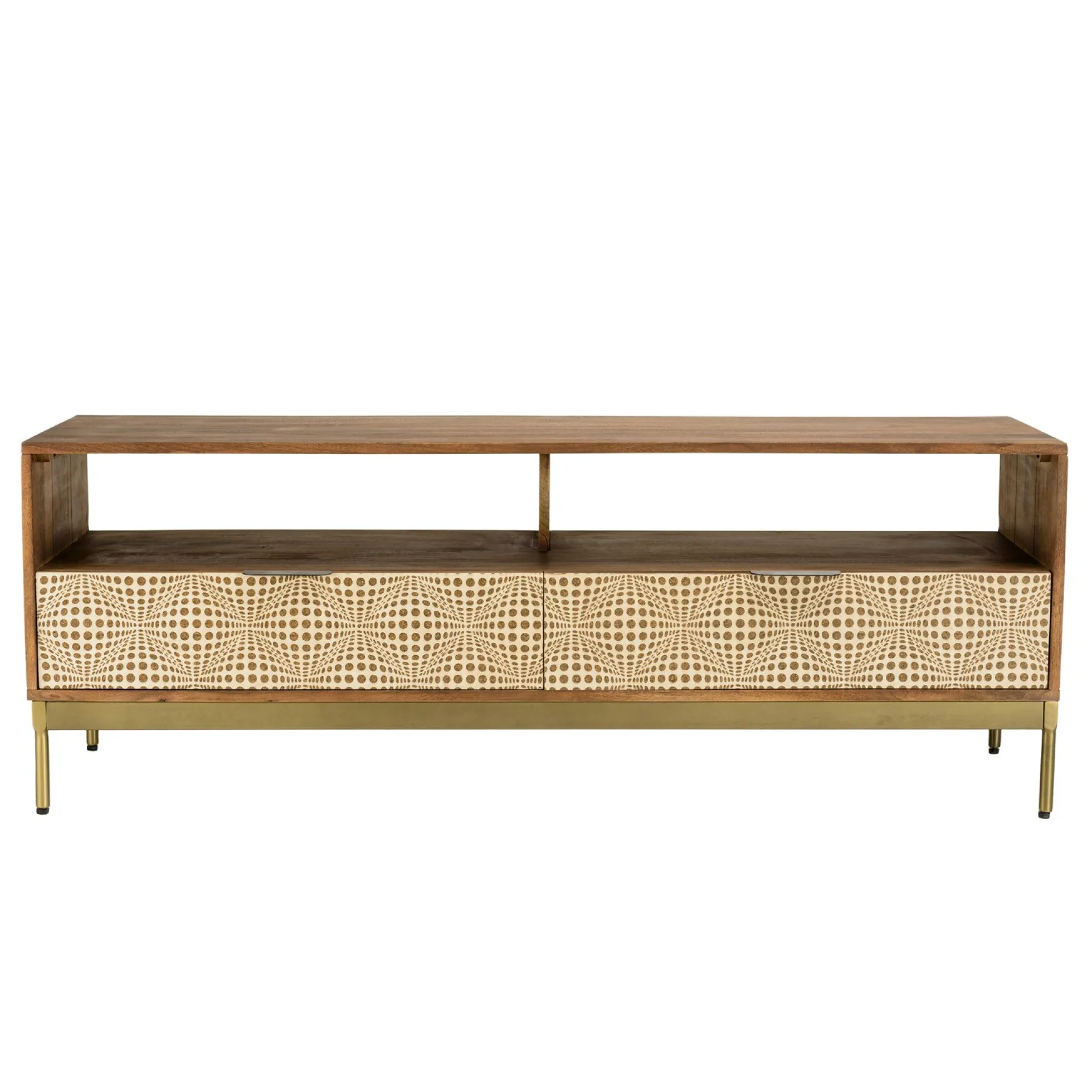 Meuble TV en bois pieds couleur laiton grande niche 2 tiroirs KANHA