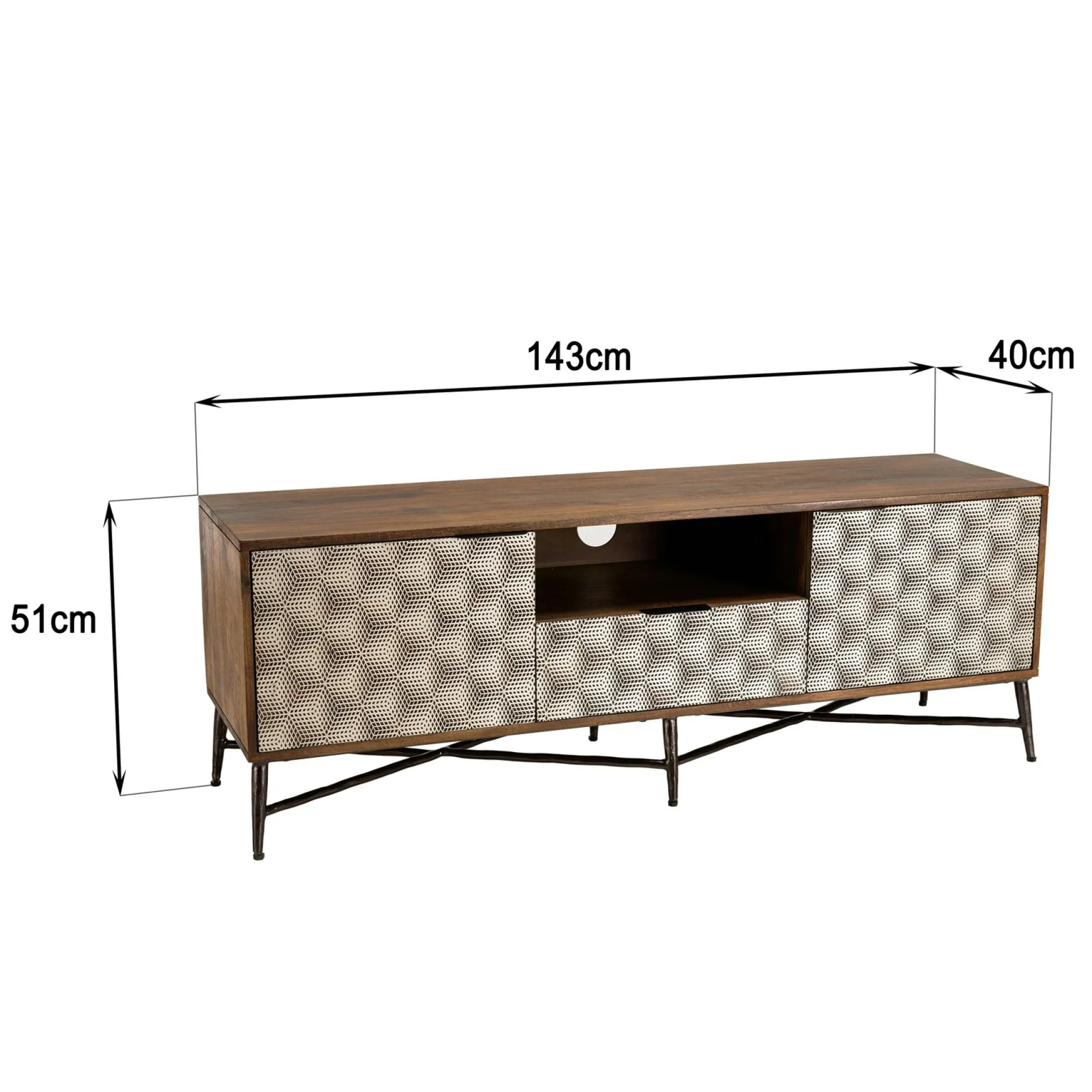 Meuble TVen manguier 1 tiroir 2 placards façade motifs graphiques KANHA