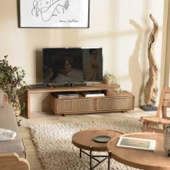 Meuble TV extensible et modulable en teck recyclé 2 tiroirs SWING