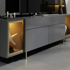 Meuble TV gris et doré 2 portes 2 niches LED AURA