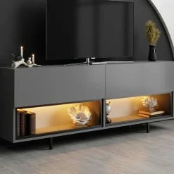 Meuble TV gris foncé 2 portes 2 niches LED à télécommande AURA