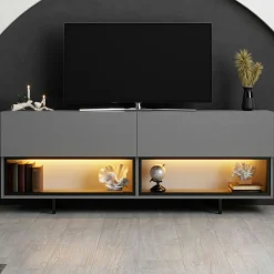 Meuble TV gris foncé 2 portes 2 niches LED à télécommande AURA