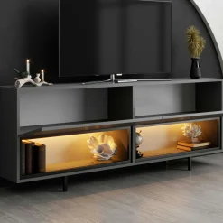 Meuble TV gris foncé 2 portes 2 niches LED à télécommande AURA