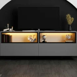Meuble TV gris foncé 2 portes 2 niches hautes LED AURA