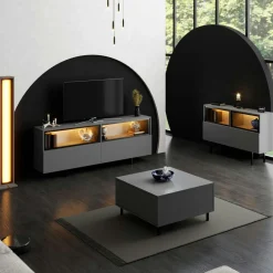 Meuble TV gris foncé 2 portes 2 niches hautes LED AURA