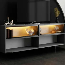 Meuble TV gris foncé 2 portes 2 niches hautes LED AURA