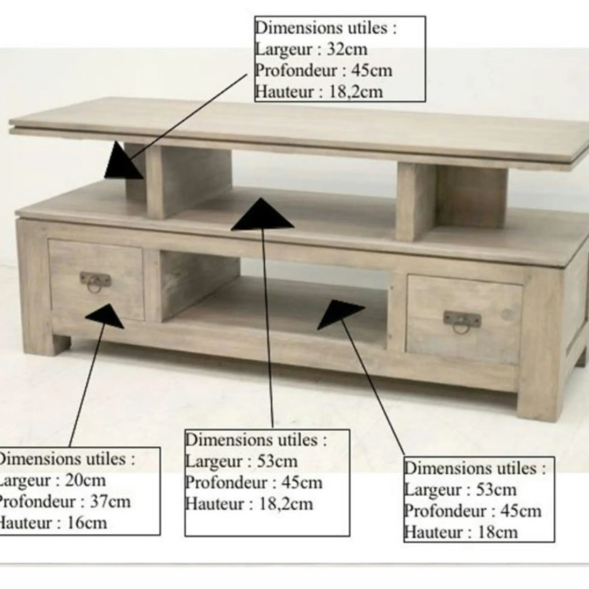 Meuble TV hévéa 4 niches 125x45x58cm HELENA