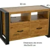Meuble TV hévéa recyclé naturel et métal noirci 2 tiroirs 2 niches 90X40X55cm DOCKER