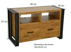 Meuble TV hévéa recyclé naturel et métal noirci 2 tiroirs 2 niches 90X40X55cm DOCKER