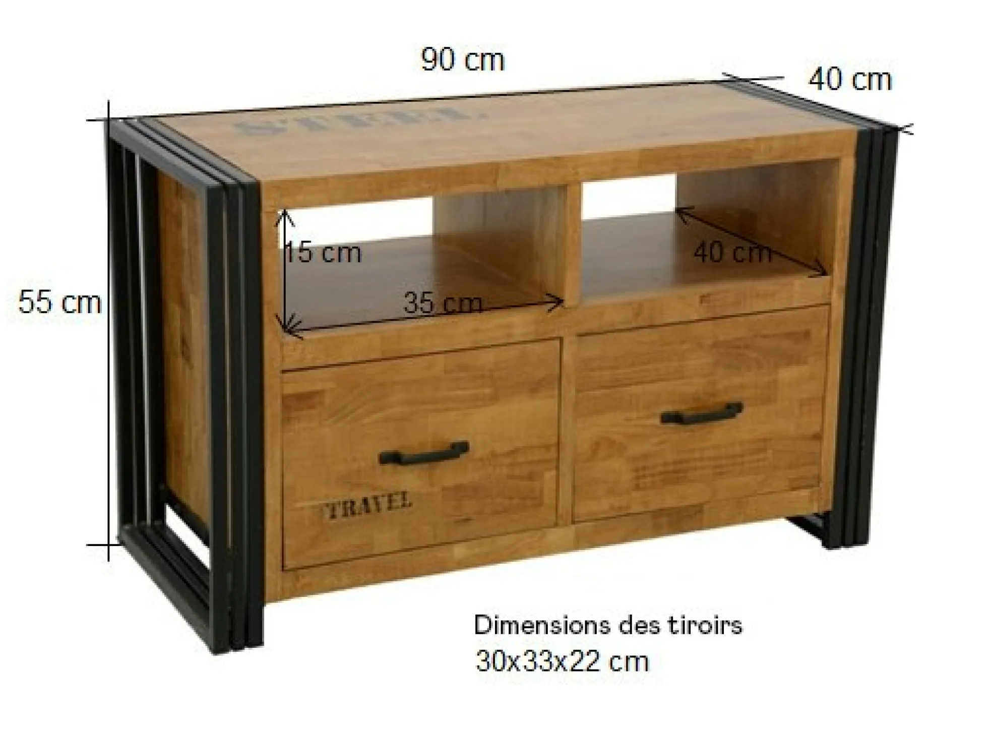 Meuble TV hévéa recyclé naturel et métal noirci 2 tiroirs 2 niches 90X40X55cm DOCKER