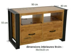 Meuble TV hévéa recyclé naturel et métal noirci 2 tiroirs 2 niches 90X40X55cm DOCKER
