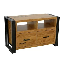 Meuble TV hévéa recyclé naturel et métal noirci 2 tiroirs 2 niches 90X40X55cm DOCKER