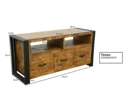 Meuble TV hévéa recyclé naturel et métal noirci 3 tiroirs 2 niches 120X40X55cm DOCKER