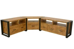 Meuble TV hévéa recyclé naturel et métal noirci 3 tiroirs 2 niches 120X40X55cm DOCKER