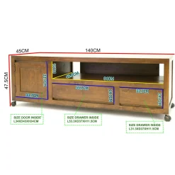 Meuble TV Hévéa à roulettes, 1 porte, 2 tiroirs, 1 grande niche 140x45x47,5 OLGA