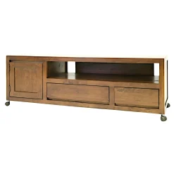 Meuble TV Hévéa à roulettes, 1 porte, 2 tiroirs, 1 grande niche 140x45x47,5 OLGA