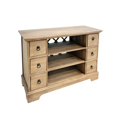 Meuble TV Hévéa 6 tiroirs, 3 niches, fond ajouré effet croisé 98x39x72.6cm MAORI