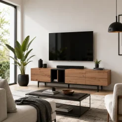 Meuble TV moderne 3 abattants 1 niche décor bois et noir ALVA