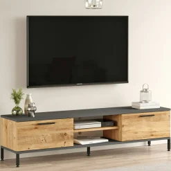 Meuble TV moderne décor bois et gris 2 portes 2 niches JENA