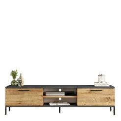 Meuble TV moderne décor bois et gris 2 portes 2 niches JENA