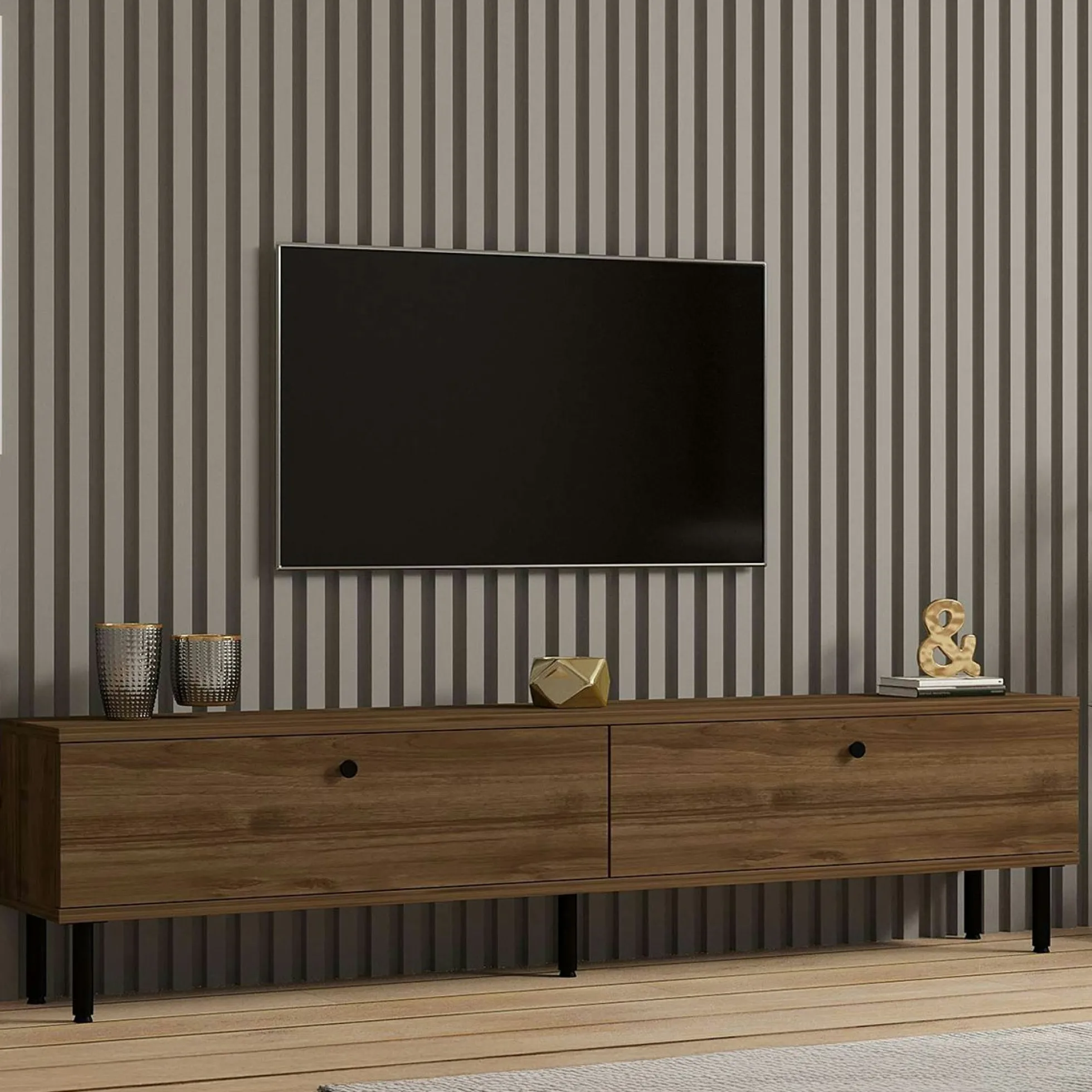 Meuble TV moderne 2 portes effet bois foncé JENA