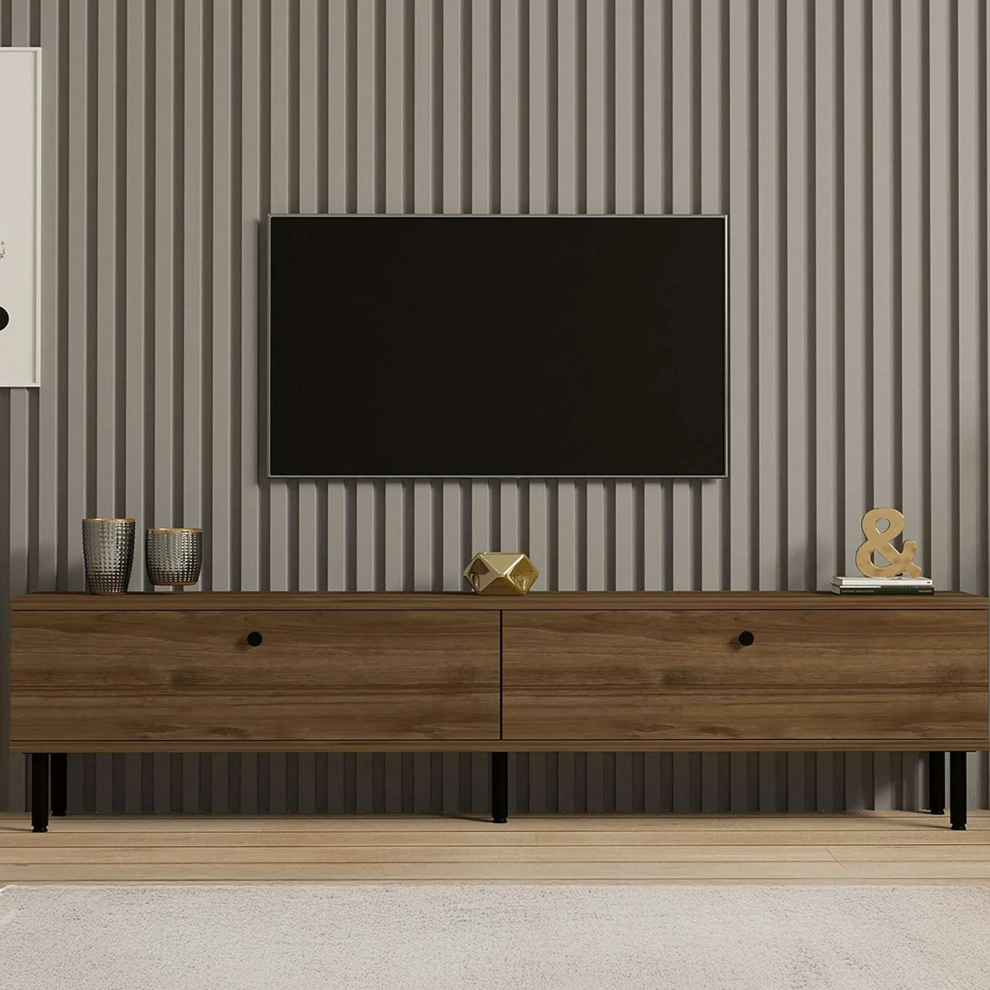 Meuble TV moderne 2 portes effet bois foncé JENA