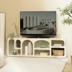 Meuble TV 7 niches 160x40cm en bois peint couleur beige NELIA