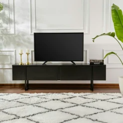 Meuble TV noir avec rangement - effet bois, pieds noirs JENA