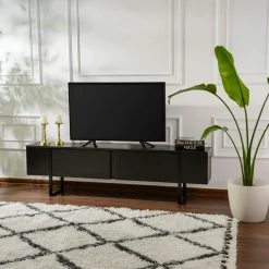 Meuble TV noir avec rangement - effet bois, pieds noirs JENA