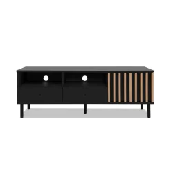 Meuble TV noir décor bois 1 porte 2 tiroirs NOREN