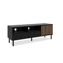 Meuble TV noir décor bois 1 porte 2 tiroirs NOREN