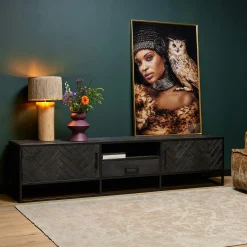 Meuble TV noir en bois 2 portes motif chevron 210 cm ALVERA