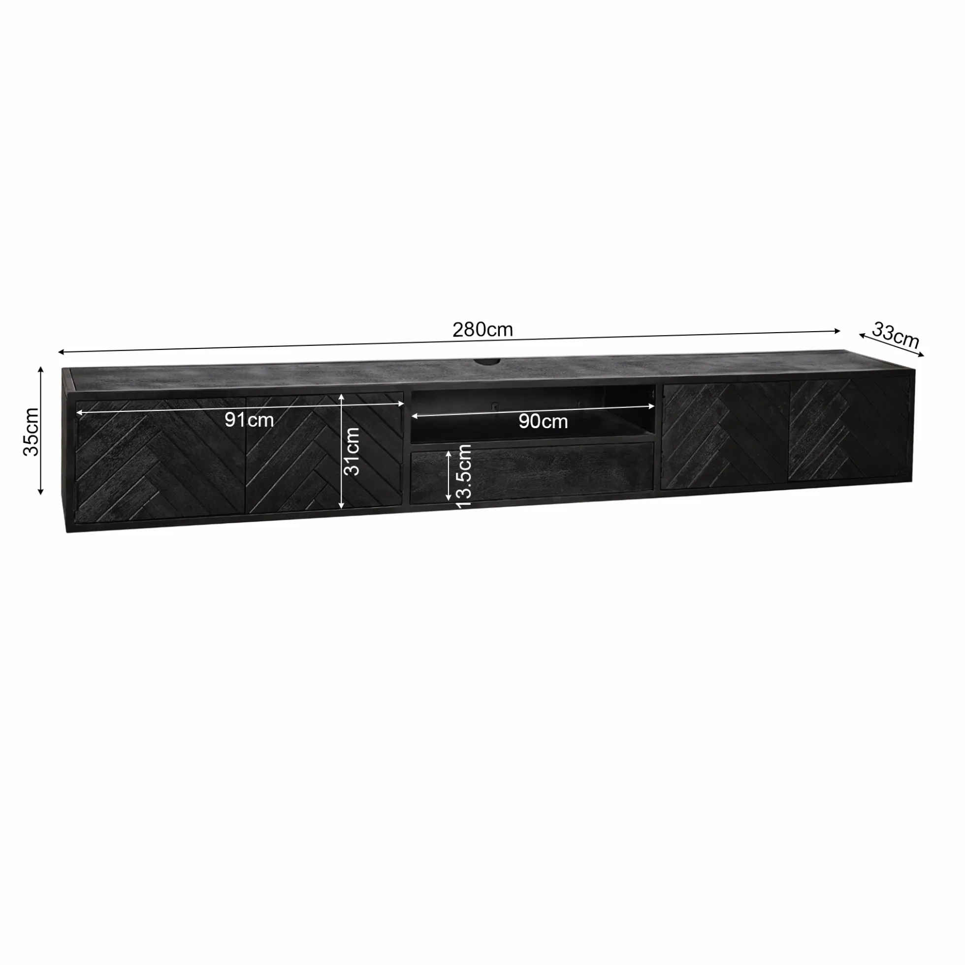 Meuble TV noir suspendu en bois avec rangement 280 cm ALVERA