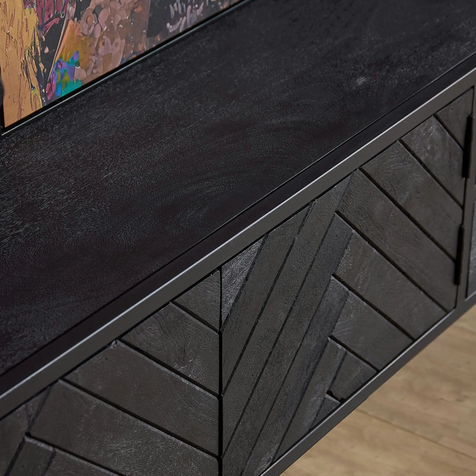 Meuble TV noir suspendu en bois avec rangement 280 cm ALVERA