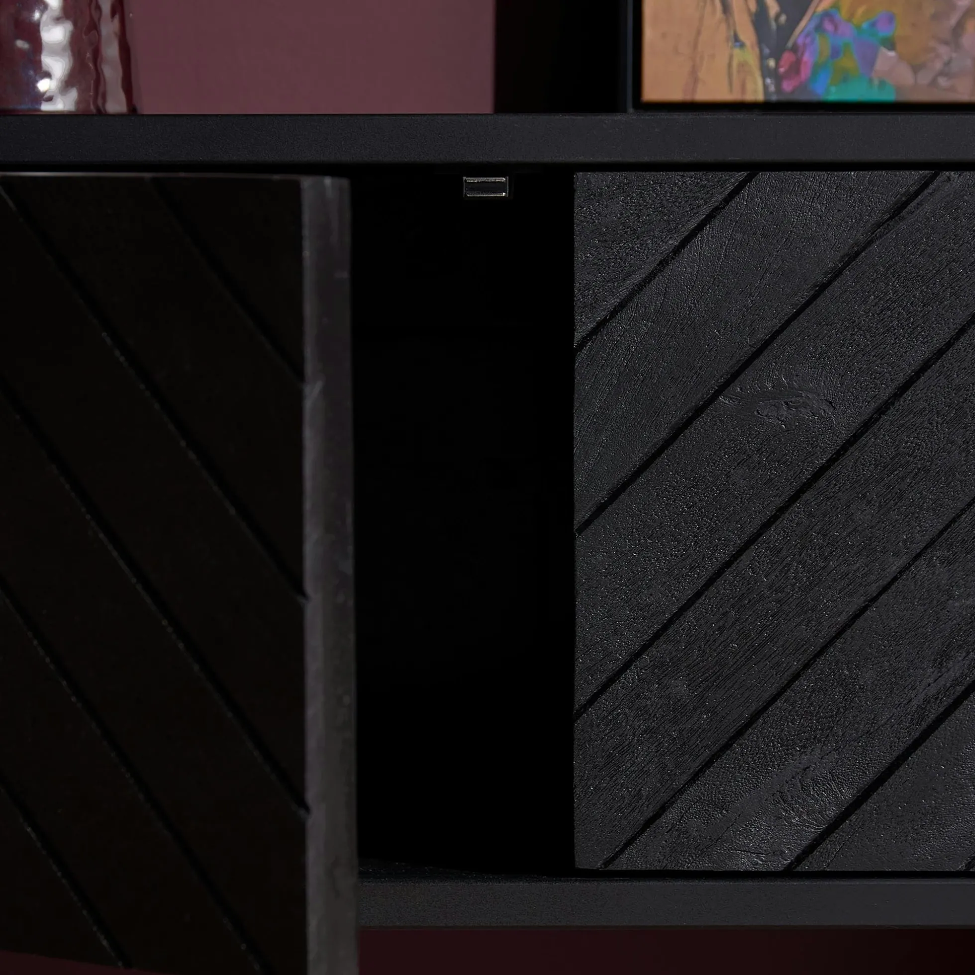 Meuble TV noir suspendu en bois avec rangement 280 cm ALVERA