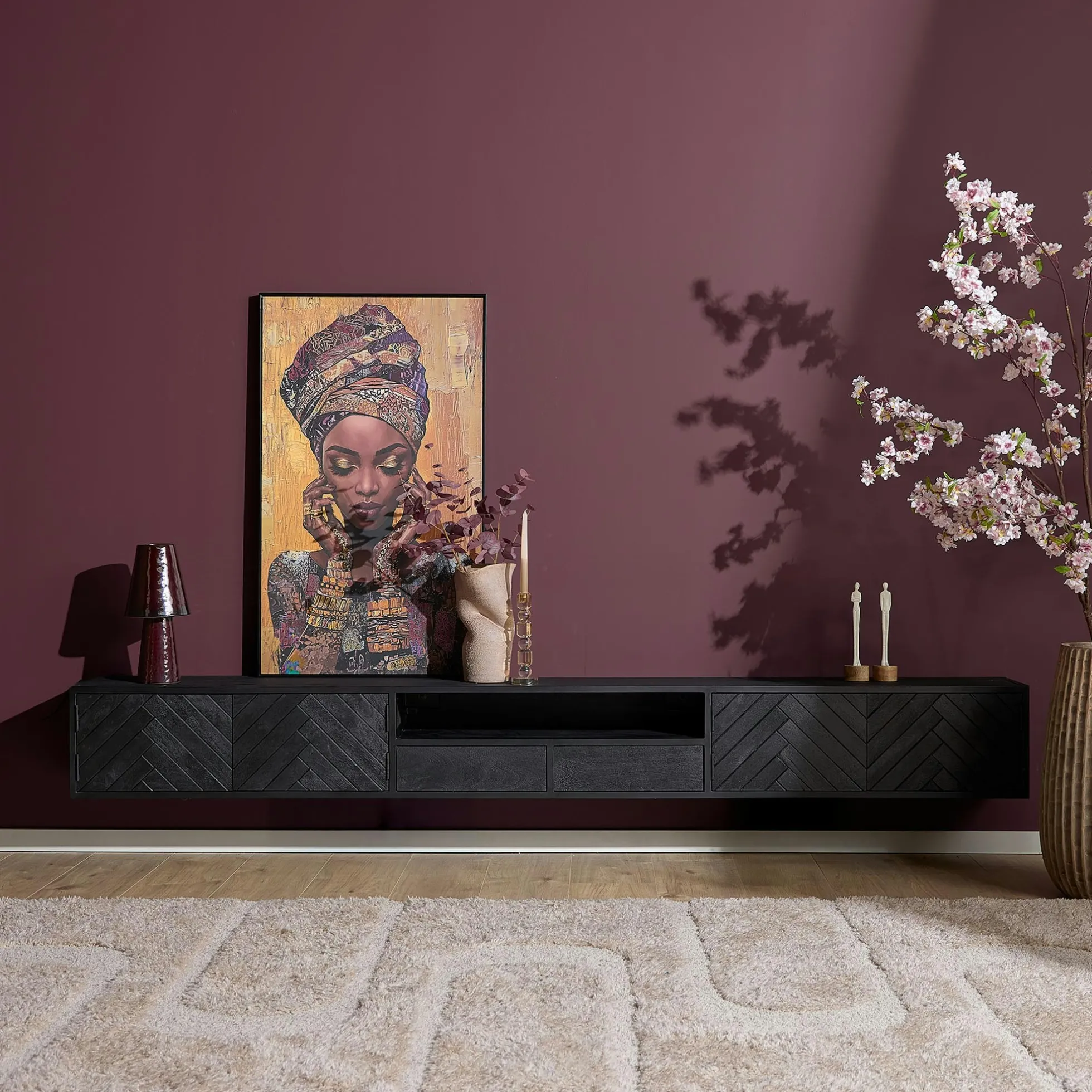 Meuble TV noir suspendu en bois avec rangement 280 cm ALVERA