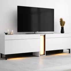 Meuble TV 2 portes blanc colonne LED à télécommande AURA