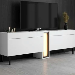 Meuble TV 2 portes blanc colonne LED à télécommande AURA