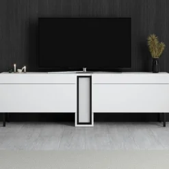 Meuble TV 2 portes blanc colonne LED à télécommande AURA