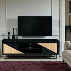 Meuble TV 2 portes bois noir et blanc ANINA