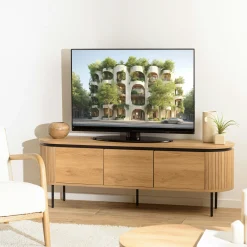 Meuble TV 3 portes bords arrondis bois décor strié JINAN