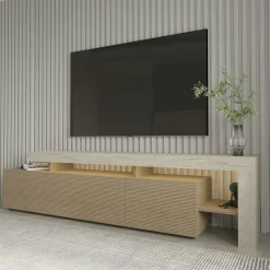 Meuble TV 3 portes décor bois travertin cadre ouvert AURA