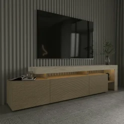Meuble TV 3 portes décor bois travertin cadre ouvert AURA