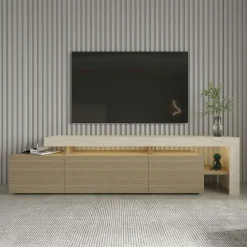 Meuble TV 3 portes décor bois travertin cadre ouvert AURA