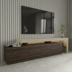 Meuble TV 3 portes décor noyer travertin cadre ouvert AURA